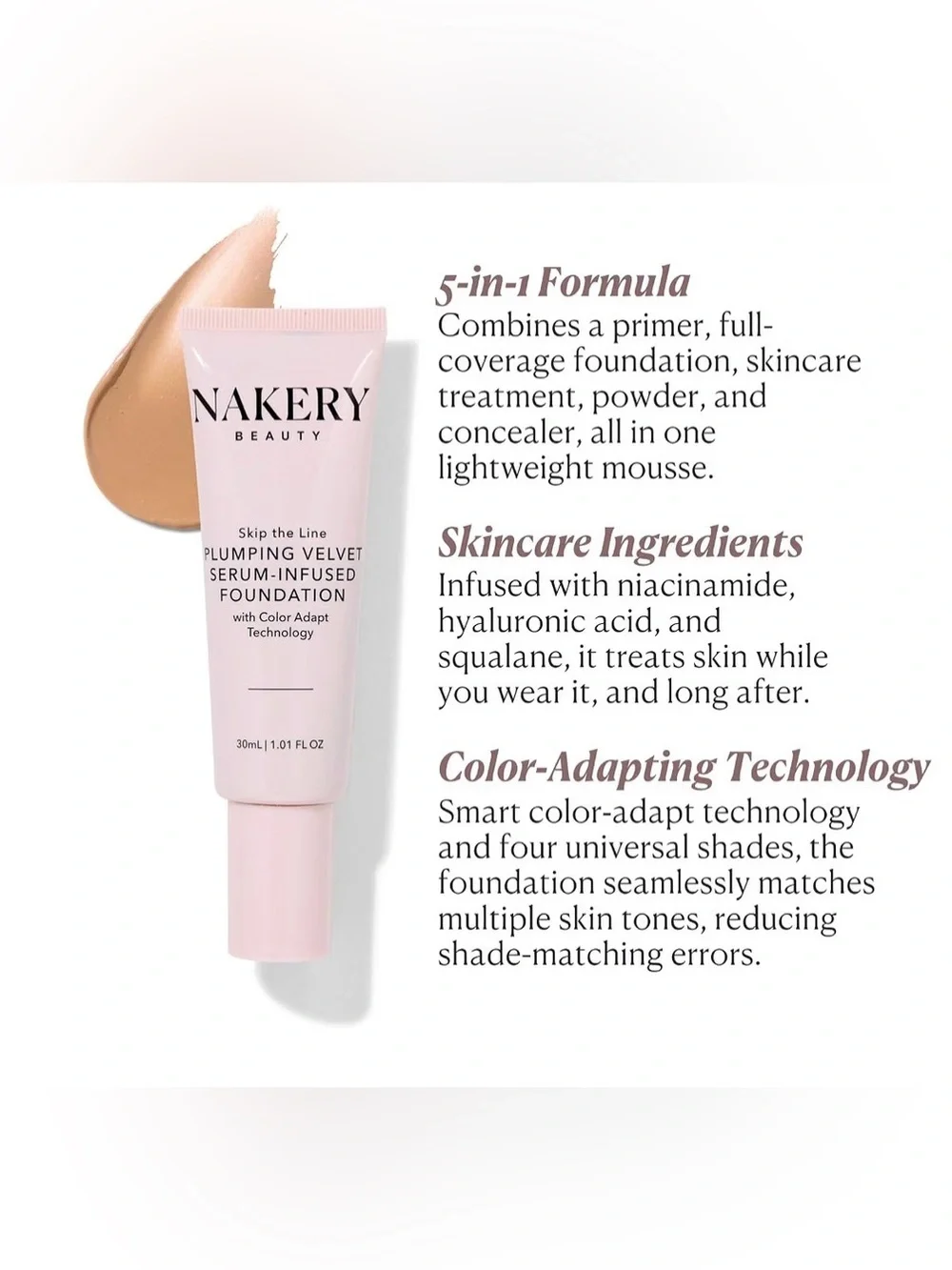 NIB Nakery Beauty Skip the Line Plumping Velvet Foundation - Light Shade